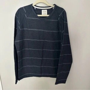 Men's Billy Reid Long Sleeve Crew Neck Navy and Grey Striped Top Size XL